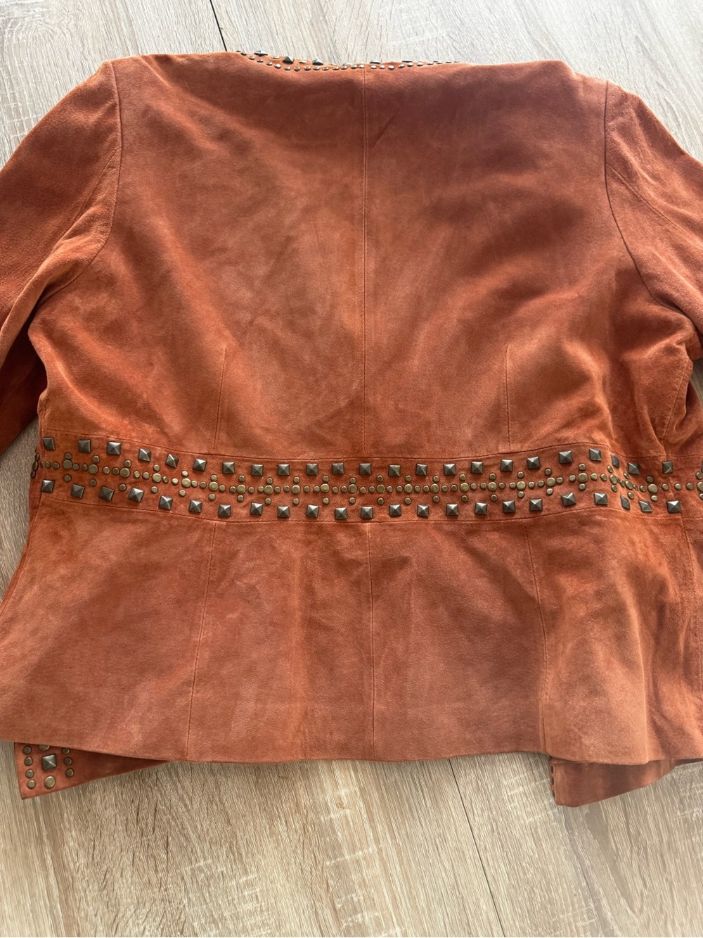 In Suede XL Genuine Leather Studded Jacket Rust Brown Open Front Western Boho - Picture 3 of 5